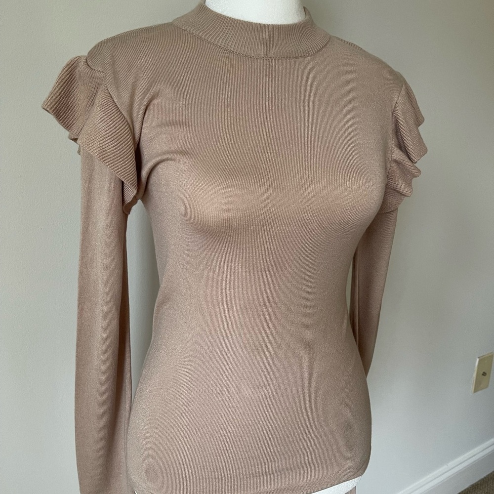 Chic Tan Ruffle Sleeve Turtleneck Sweater - Size M